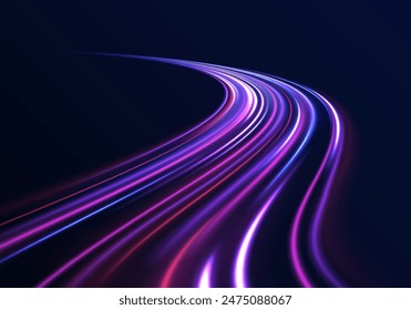 Imagen Abstractas del movimiento de la velocidad en la carretera. Vector brillo luz fuego bengala traza. Fondo abstracto azul oscuro con brillo de neón ultravioleta, líneas de luz borrosa, ondas	