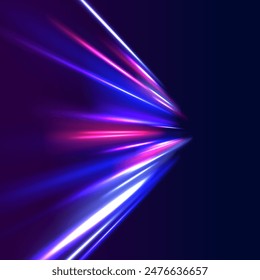 Abstract image of speed motion on the road. Vector glitter light fire flare trace. Dark blue abstract background with ultraviolet neon glow, blurry light lines, waves	
