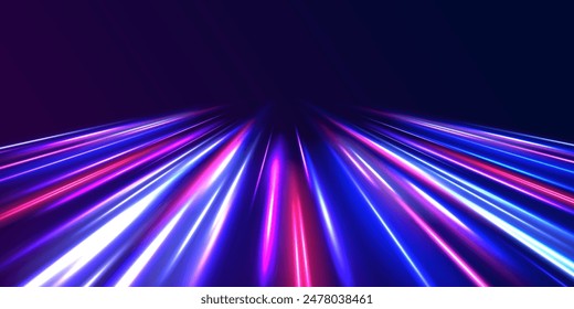 Abstract image of speed motion on the road. Vector glitter light fire flare trace. Dark blue abstract background with ultraviolet neon glow, blurry light lines, waves	