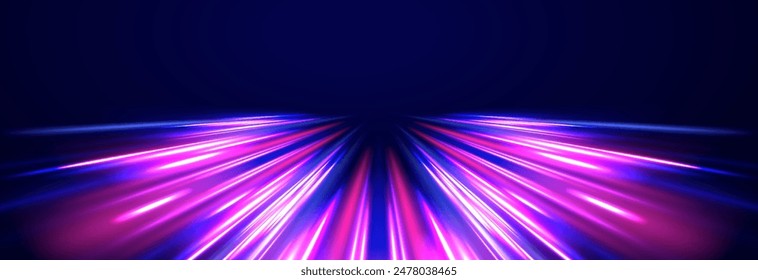Imagen Abstractas del movimiento de la velocidad en la carretera. Vector brillo luz fuego bengala traza. Fondo abstracto azul oscuro con brillo de neón ultravioleta, líneas de luz borrosa, ondas	
