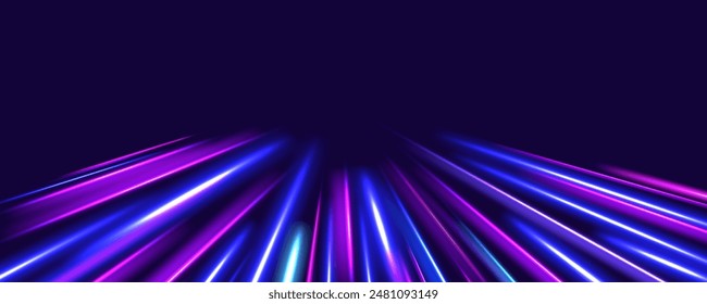 Abstract image of speed motion on the road. Vector glitter light fire flare trace. Dark blue abstract background with ultraviolet neon glow, blurry light lines, waves