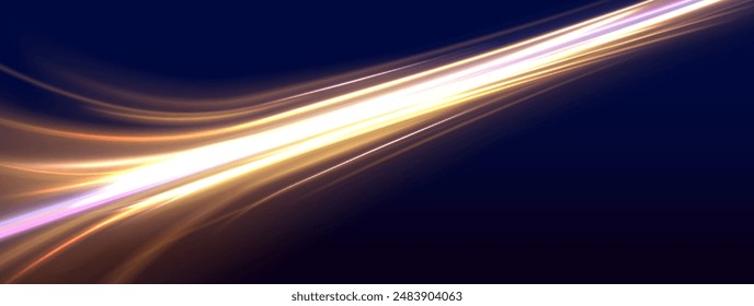 Abstract image of speed motion on the road. Vector glitter light fire flare trace. Dark blue abstract background with ultraviolet neon glow, blurry light lines, waves	