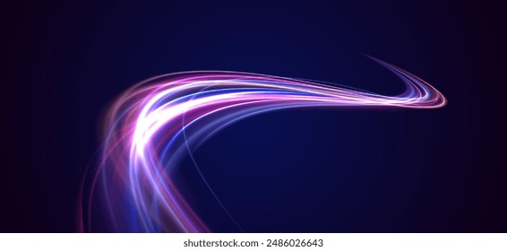 Abstract image of speed motion on the road. Vector glitter light fire flare trace. Dark blue abstract background with ultraviolet neon glow, blurry light lines, waves	