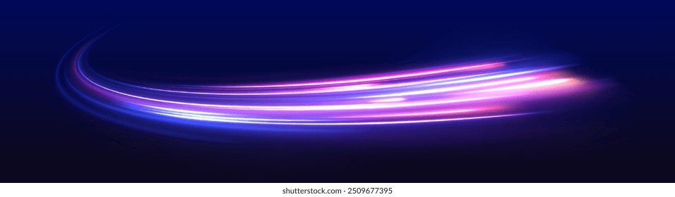Imagen Abstractas del movimiento de la velocidad en la carretera. Vector brillo luz fuego bengala traza. Fondo abstracto azul oscuro con brillo de neón ultravioleta, líneas de luz borrosas, ondas	