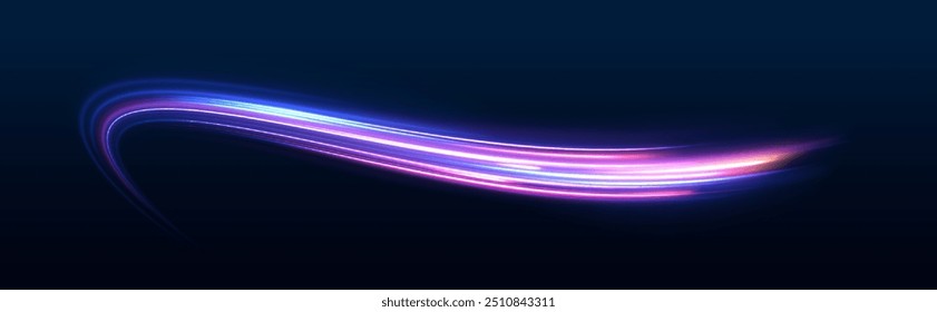 Abstract image of speed motion on the road. Vector glitter light fire flare trace. Dark blue abstract background with ultraviolet neon glow, blurry light lines, waves	