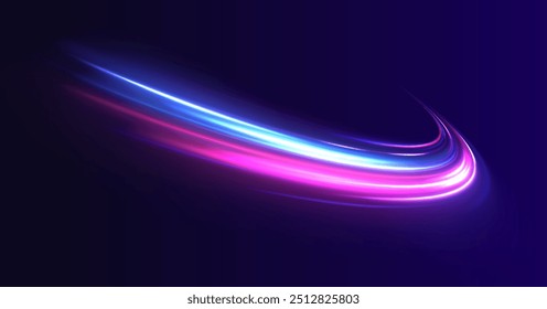 Imagem abstrata do movimento da velocidade na estrada. Rastreamento de clarão de luz de brilho vetorial. Fundo abstrato azul escuro com brilho de néon ultravioleta, linhas de luz embaçadas, ondas.