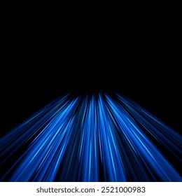 Imagem abstrata do movimento da velocidade na estrada. Rastreamento de clarão de luz de brilho vetorial. Fundo abstrato azul escuro com brilho de néon ultravioleta, linhas de luz embaçadas, ondas