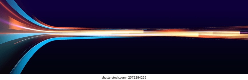 Abstract image of speed motion on the road. Dark blue abstract background with ultraviolet neon glow, blurry light lines, waves. Expressway, car headlight effect.	