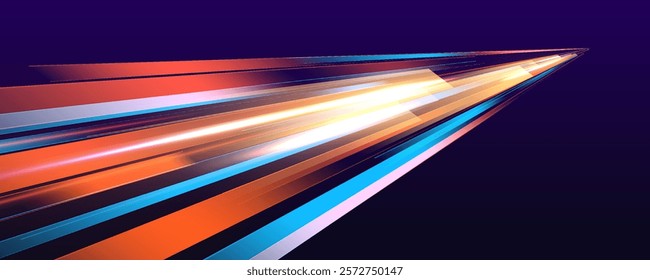 Abstract image of speed motion on the road. Dark blue abstract background with ultraviolet neon glow, blurry light lines, waves. Expressway, car headlight effect.	