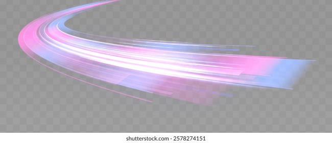 Abstract image of speed motion on the road. Dark blue abstract background with ultraviolet neon glow, blurry light lines, waves. Expressway, car headlight effect.	