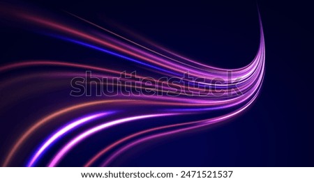 Abstract image of speed motion on the road. Vector glitter light fire flare trace. Dark blue abstract background with ultraviolet neon glow, blurry light lines, waves	