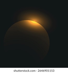 uma imagem abstrata de um objeto esférico parcialmente iluminado com luz dourada sobre um fundo escuro, reminiscente de um planeta ou do sol durante um eclipse.

