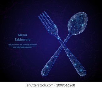 Abstract image of a spoons and forks in the form of a starry sky or space, consisting of points, lines, and shapes in the form of planets, stars and the universe. Low poly vector background.