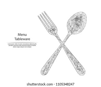 Abstract image spoons and forks in the form of lines and dots, consisting of triangles and geometric shapes. Low poly vector background.
