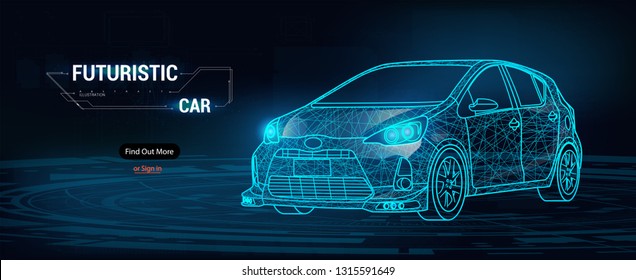 Abstract image of a sport car in the form of a starry sky or space, consisting of points, lines, and shapes in the form of planets, stars and the universe. Cars vector wireframe concept.