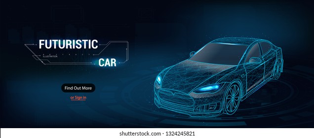 Abstract image of a sport car in the form of a starry sky or space, consisting of points, lines, and shapes in the form of planets, stars and the universe. Cars vector wireframe concept.