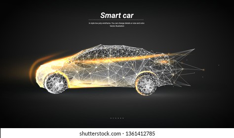 Abstract image of a sport car in the form of a starry sky or space, consisting of points, lines, and shapes in the form of planets, stars and the universe. Cars vector wireframe concept.