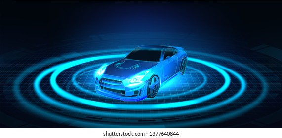 Abstract image of a sport car in the form of a starry sky or space, consisting of points, lines, and shapes in the form of planets, stars and the universe. Cars vector wireframe concept.