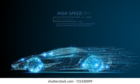 Abstract image of a sport car in the form of a starry sky or space, consisting of points, lines, and shapes in the form of planets, stars and the universe. Cars vector wireframe concept.