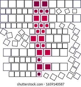 Abstract image of squares arranged in rows. Some of the figures have red cores.