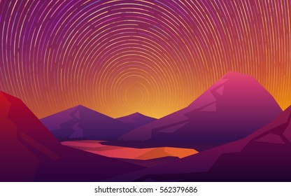 Abstract image of starry sky in the mountains in red colors. Star trails show Earth rotation vector illustration.