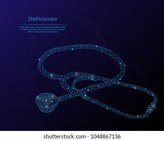 Abstract image of a stethoscope in the form of a starry sky or space, consisting of points, lines, and shapes in the form of planets, stars and the universe.