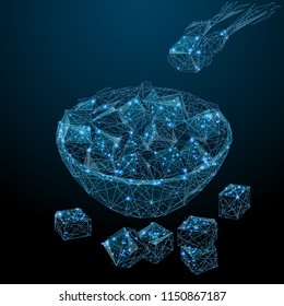 Abstract image of a Sugar bowl with sugar cubes in the form of a starry sky or space, consisting of points, lines, and shapes in the form of planets, stars and the universe. Eat and drink wireframe