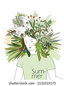 Abstract image of summer in the form of a woman with plants and animals on her head. Spring and summer theme. Eco and nature theme. Thin line sketch vector design.