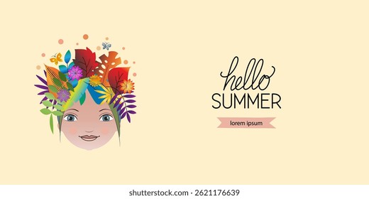 Imagem abstrata do verão na forma de uma mulher com plantas e flores na cabeça. Tema de primavera e verão. Eco e tema da natureza. Projeto de vetor plano.