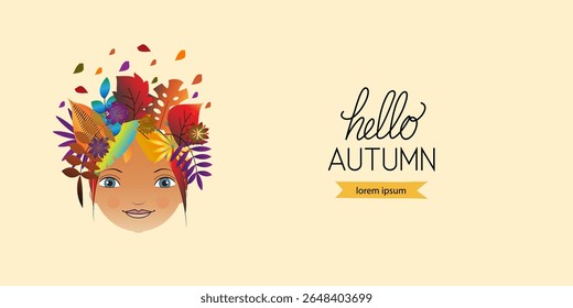 Abstract image of summer in the form of a woman with plants and flowers on her head. Autumn theme. Eco and nature theme. Flat vector design.