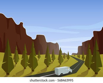 Abstract image of summer or spring green landscape with cargo track on the road, trees, mountains and blue sky. vector illustration