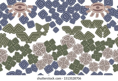 Abstract image of the sun, sky, birds, flowers and earth on white background. Seamless pattern. EPS10 vector illustration.