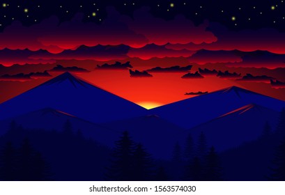 Abstract image of a sunrise. The risen sun over the mountains in the background and a thick forest up to the sky in the foreground. Mountain landscape. Forest mountains in the background. vector