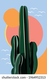 An abstract image of a sunset with a cactus in the foreground in trendy colors 