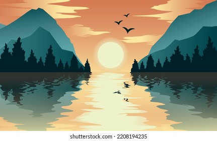 Una imagen abstracta de una puesta de sol o amanecer sobre montañas en el fondo y un río o lago en primer plano. Montaña. Ilustración vectorial. Paisaje natural plano con árboles. Un paisaje hermoso