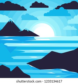 Abstract image of sunset, dawn sun and river in the mountains. Creative design in bright colors. Vector illustration.