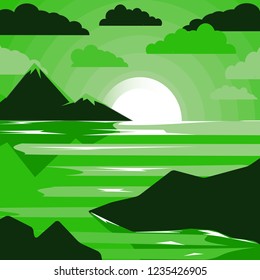 Abstract image of sunset, dawn sun and river in the mountains. Creative design in bright colors. Vector illustration.