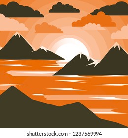 Abstract image of sunset, dawn sun and river in the mountains. Creative design in bright colors. Vector illustration.