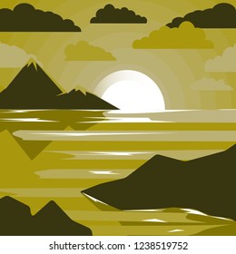 Abstract image of sunset, dawn sun and river in the mountains. Creative design in bright colors. Vector illustration.
