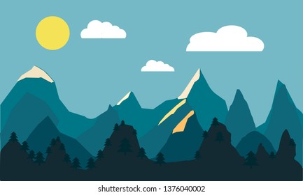 Abstract image of a sunset, the dawn sun over the mountains in the background and a thick forest down to the valley in the foreground. Mountain landscape. vector