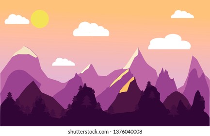 Abstract image of a sunset, the dawn sun over the mountains in the background and a thick forest down to the valley in the foreground. Mountain landscape. vector