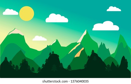 Abstract image of a sunset, the dawn sun over the mountains in the background and a thick forest down to the valley in the foreground. Mountain landscape. vector