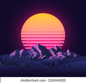 Abstract image of a sunset, the dawn sun over the mountains landscape in the background and trees in the foreground. Vintage futuristic 90's sun. Mountain landscape. Vector illustration.