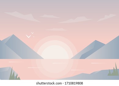 Abstract image of a sunset or dawn sun over the mountains at the background and river or lake at the foreground. Mountain landscape. Low poly vector illustration.