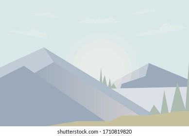 Imagen abstracta de una puesta de sol o amanecer sobre las montañas en el fondo y río o lago en primer plano.Paisaje montañoso. Ilustración vectorial de pozo bajo.