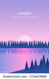 Abstract image of a sunset or dawn sun over the mountains at the background and river or lake at the foreground. Mountain landscape. vector illustration