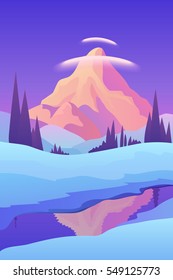 Abstract image of a sunset, the dawn sun in mountains with river, lake at the foreground. Mountain winter landscape. vector illustration