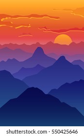Abstract image of a sunset, the dawn sun in the mountains.vector illustration
