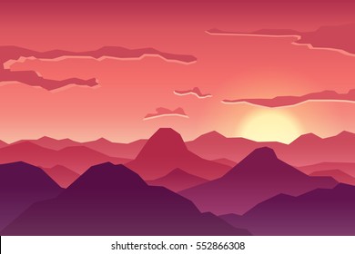 Abstract image of a sunset, the dawn sun in the mountains in red colors.vector illustration.