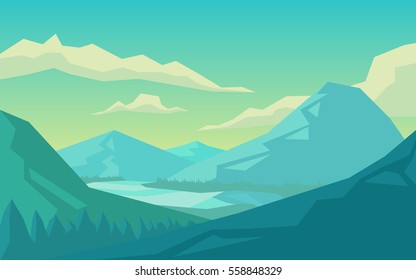 Imagen abstracta de una puesta de sol, el sol del amanecer y el río en las montañas en colores azules. ilustración vectorial